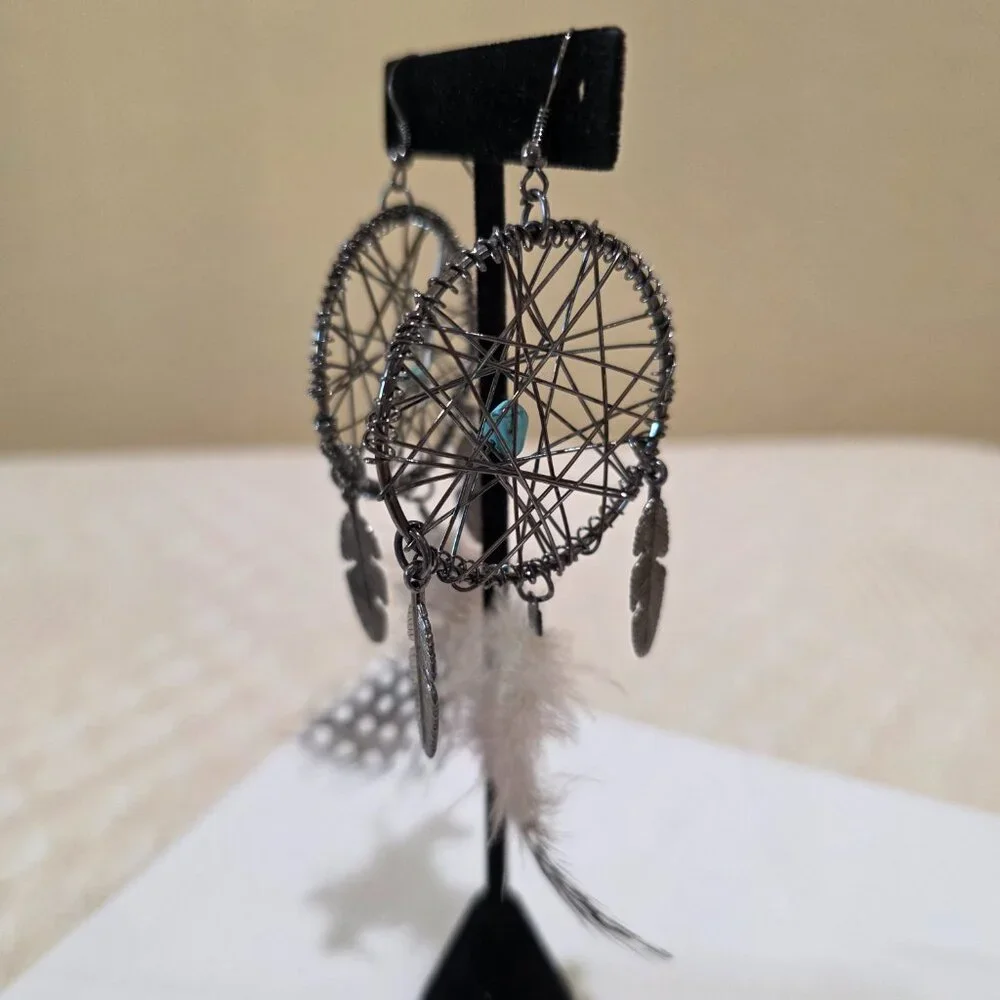 Dreamcatcher Metal Woven Feather Accent Large Long SW Dangle Pierced Earrings